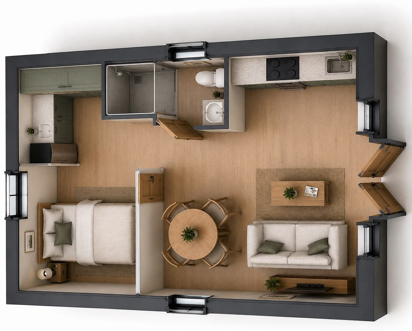 Cutaway view down into a furnished garden annexe, showing an open-plan living room and kitchen, a bedroom, and a separate shower room